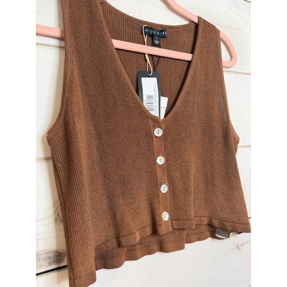 Miou Muse Sweet Peach Knit Vest Cocoa Brown Button Front Cropped Top L T2797ST - Picture 2 of 7